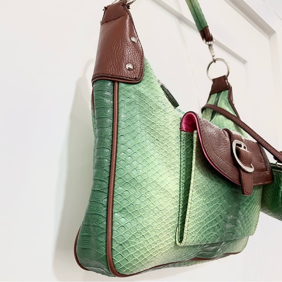 SHARIF 1827 GREEN & BROWN HANDBAG LEATHER TRIM WITH LAMINATE AND POUCH NWOT - Picture 4 of 15